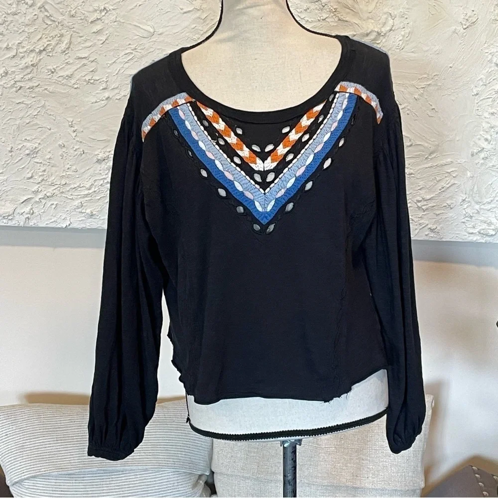 Free People Hand Me Down Embroidered Linen Blouse Cropped Top Black Sz S